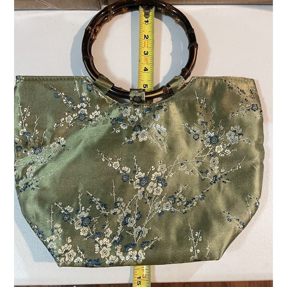 Asian Inspired Green Floral Handbag Brown Bamboo Handles - Picture 13 of 15